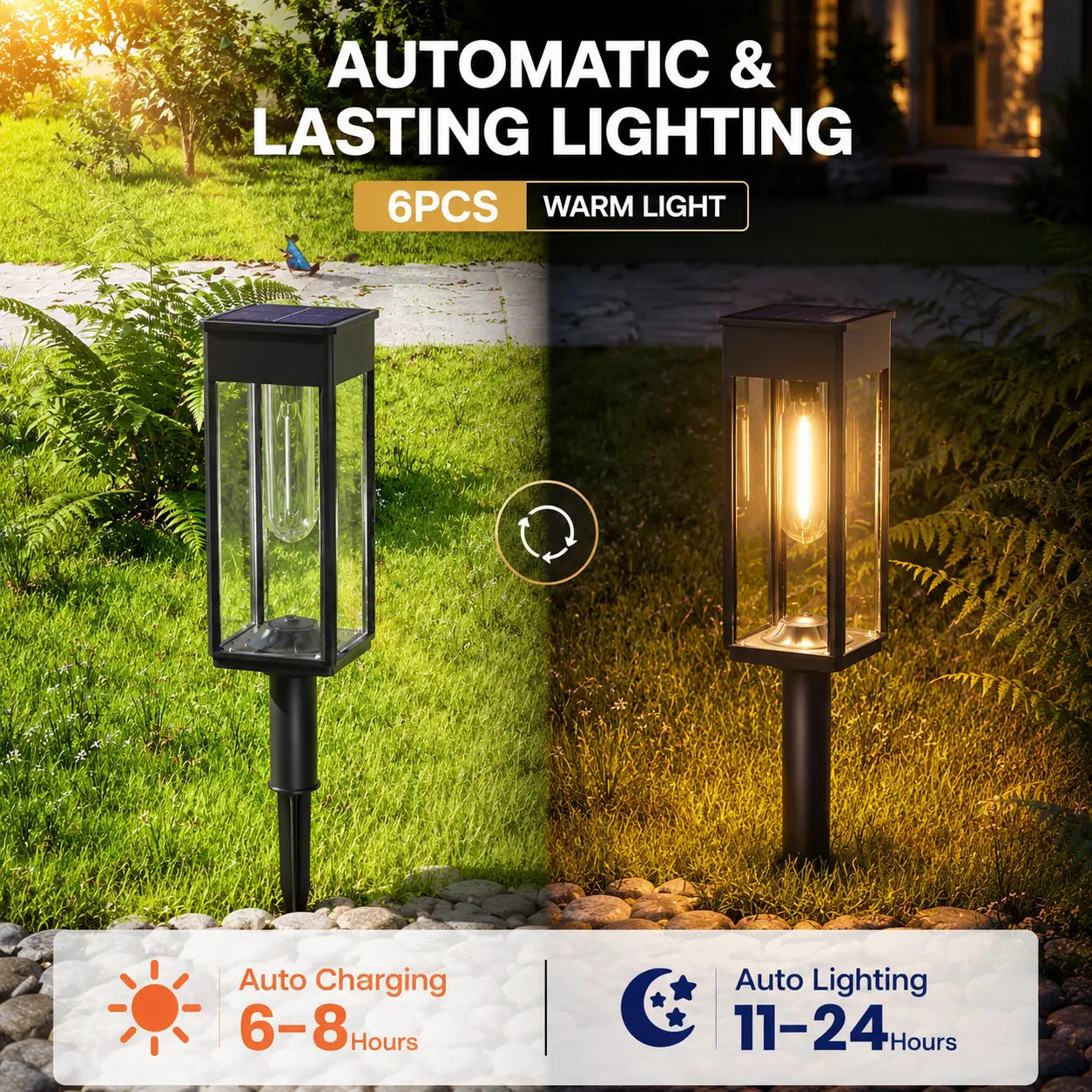 Solar Pathway Lights (6-Pack, Waterproof) - Warm White LED Stake Lights for Walkway, Yard & Driveway