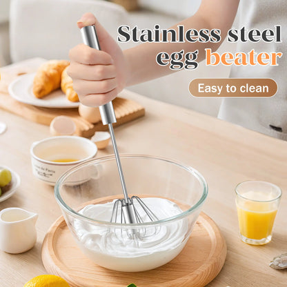 AA Stainless Steel Hand-Push Rotary Whisk - Food-Grade Rust-Resistant Kitchen Utensil with Sturdy Riveted Construction, Semi-Automatic Design for Coffee, Egg Whisking Tasks, Easy to Clean