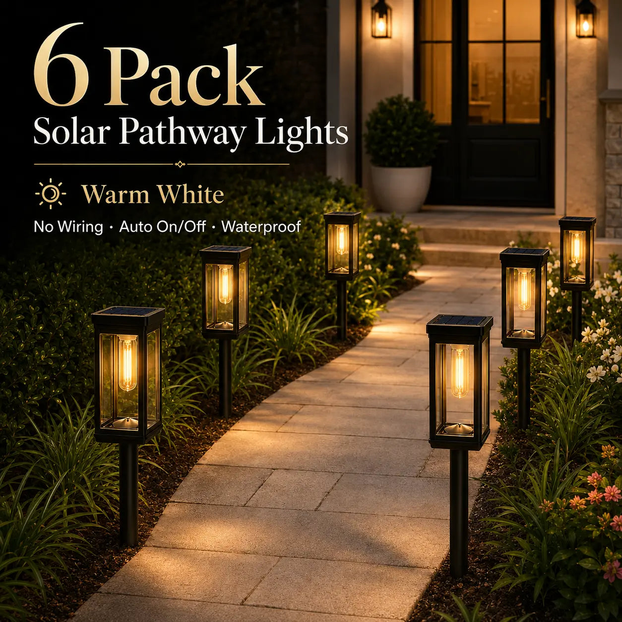 Solar Pathway Lights (6-Pack, Waterproof) - Warm White LED Stake Lights for Walkway, Yard & Driveway