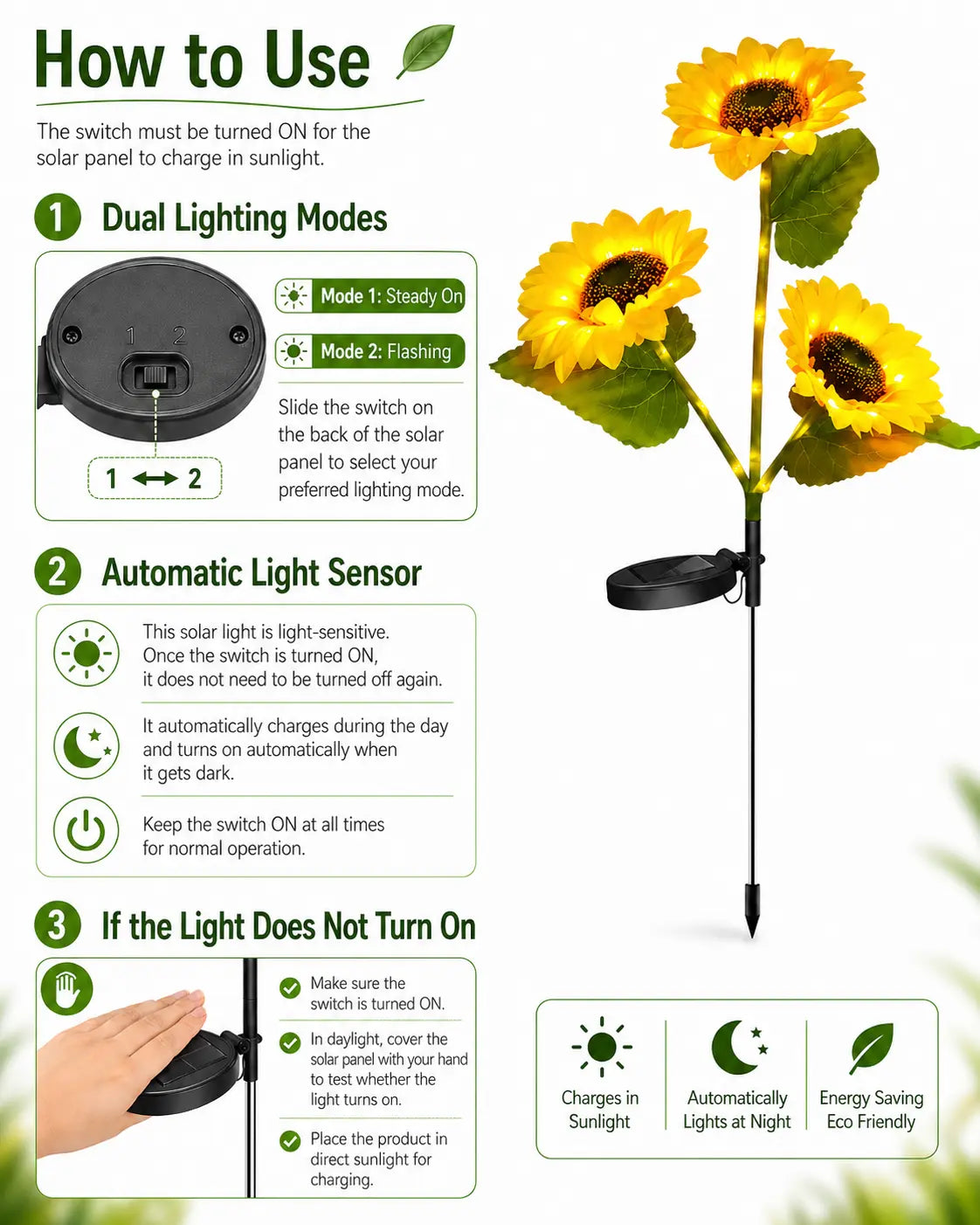 Solar Sunflower Garden Lights (Waterproof) - Outdoor LED Stake Lights for Yard, Patio & Pathway