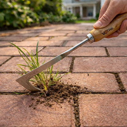 Ergonomic Wooden-Handled Stainless Steel Crevice Weeder for Driveway and Paver Gap Maintenance