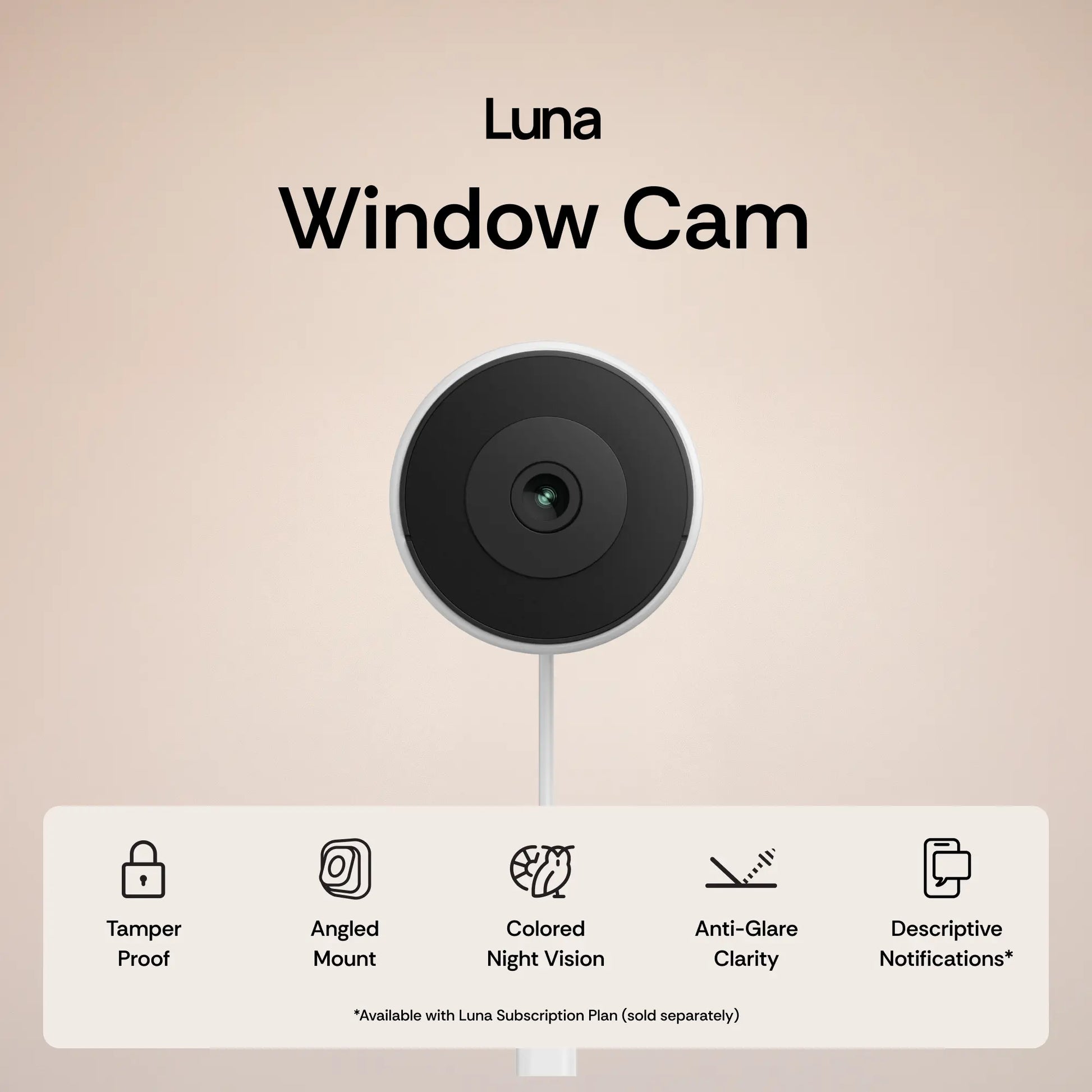 Luna Window Cam – 2K Dual-Band Wifi Indoor Window Security Camera, Glass-Mount No-Drill Install, Clear Outdoor View through Window, Color Night Vision, AI Motion Detection, Angle Mount Included, Easy Setup for Home & Apartment