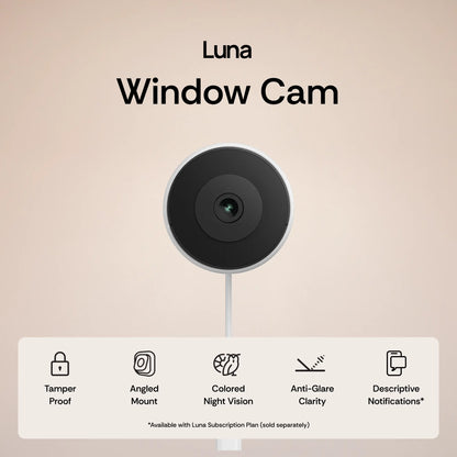Luna Window Cam – 2K Dual-Band Wifi Indoor Window Security Camera, Glass-Mount No-Drill Install, Clear Outdoor View through Window, Color Night Vision, AI Motion Detection, Angle Mount Included, Easy Setup for Home & Apartment