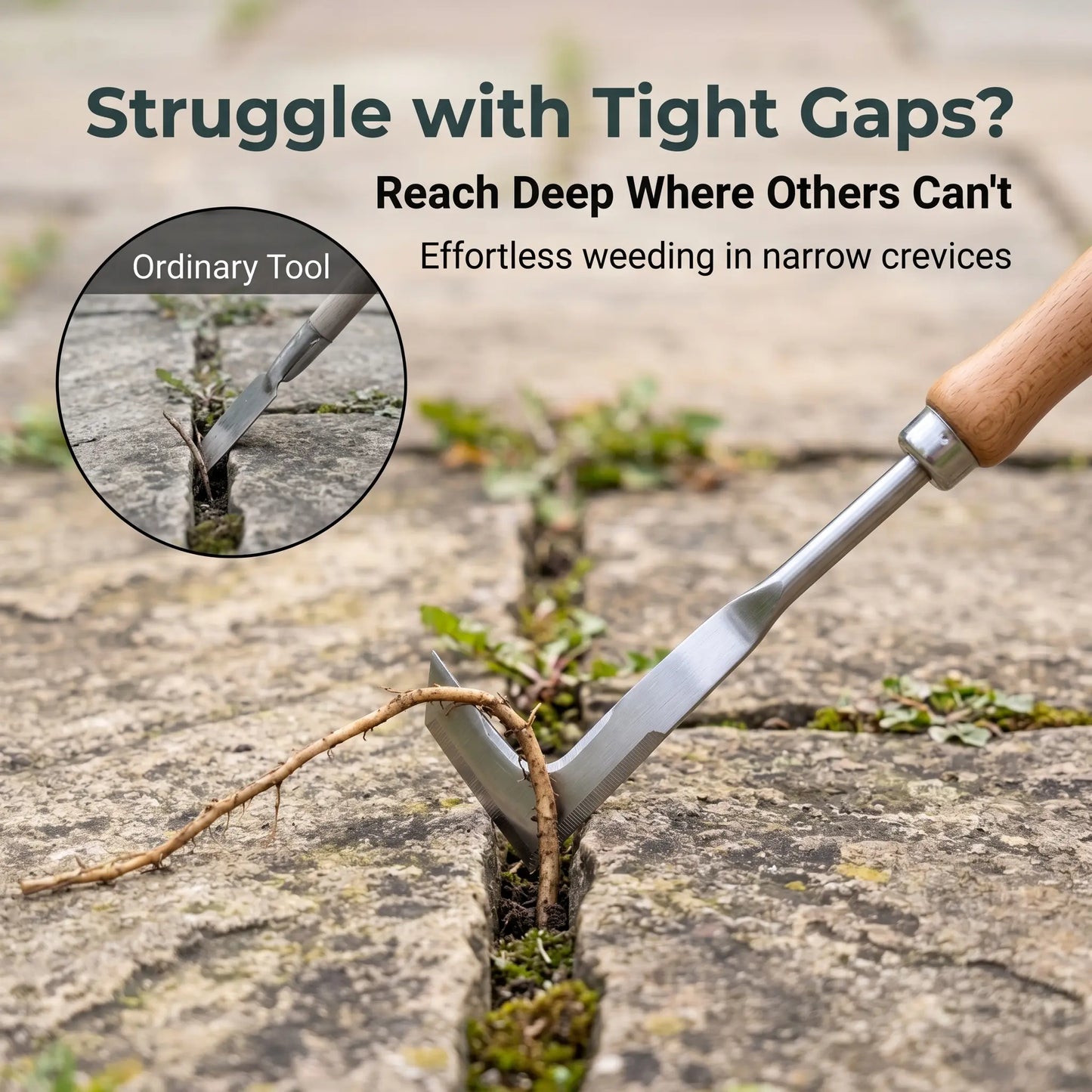 Ergonomic Wooden-Handled Stainless Steel Crevice Weeder for Driveway and Paver Gap Maintenance