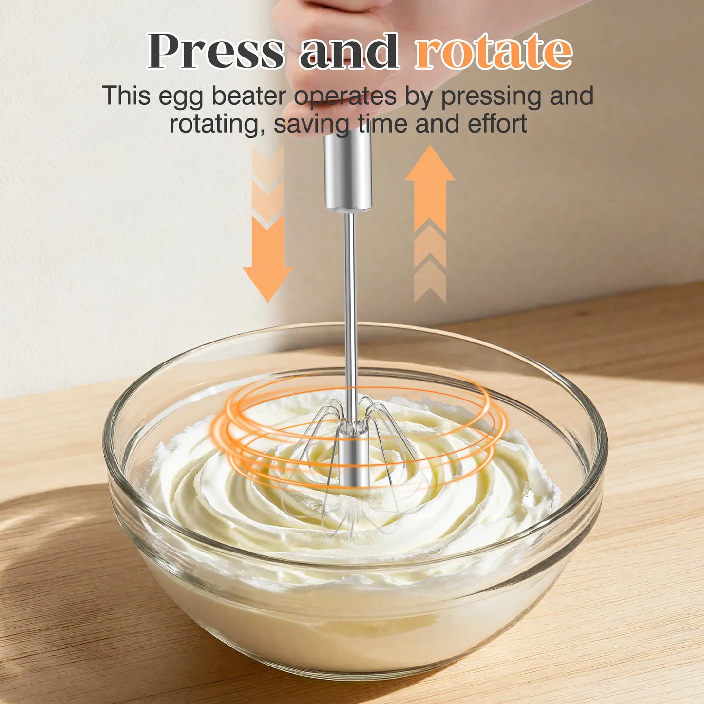 AA Stainless Steel Hand-Push Rotary Whisk - Food-Grade Rust-Resistant Kitchen Utensil with Sturdy Riveted Construction, Semi-Automatic Design for Coffee, Egg Whisking Tasks, Easy to Clean