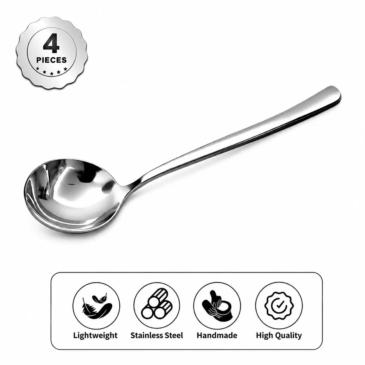 【Arel】4-Piece Stainless Steel Soup Spoon Set, Heavy-Duty Metal Soup Spoons for Soup, Stew, Ramen, Cereal, Dessert and Everyday Dining