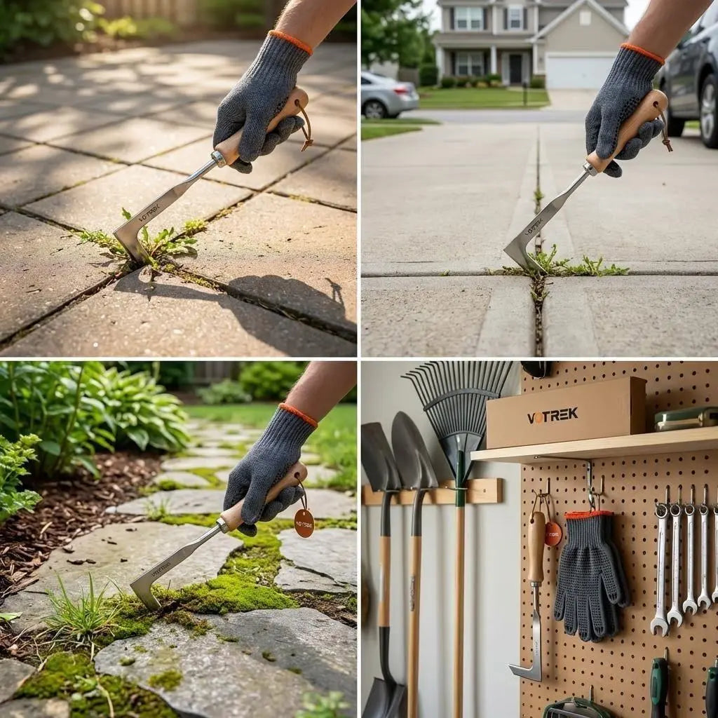 Ergonomic Wooden-Handled Stainless Steel Crevice Weeder for Driveway and Paver Gap Maintenance