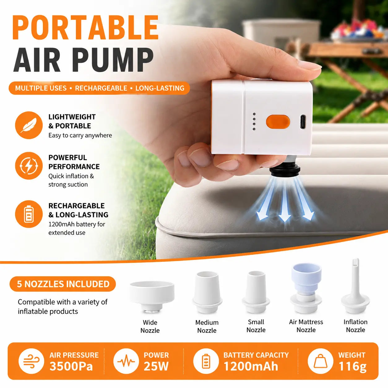 Margrb Portable Mini Air Pump for Air Mattress & Pool Floats, Fast Inflate & Deflate Camping