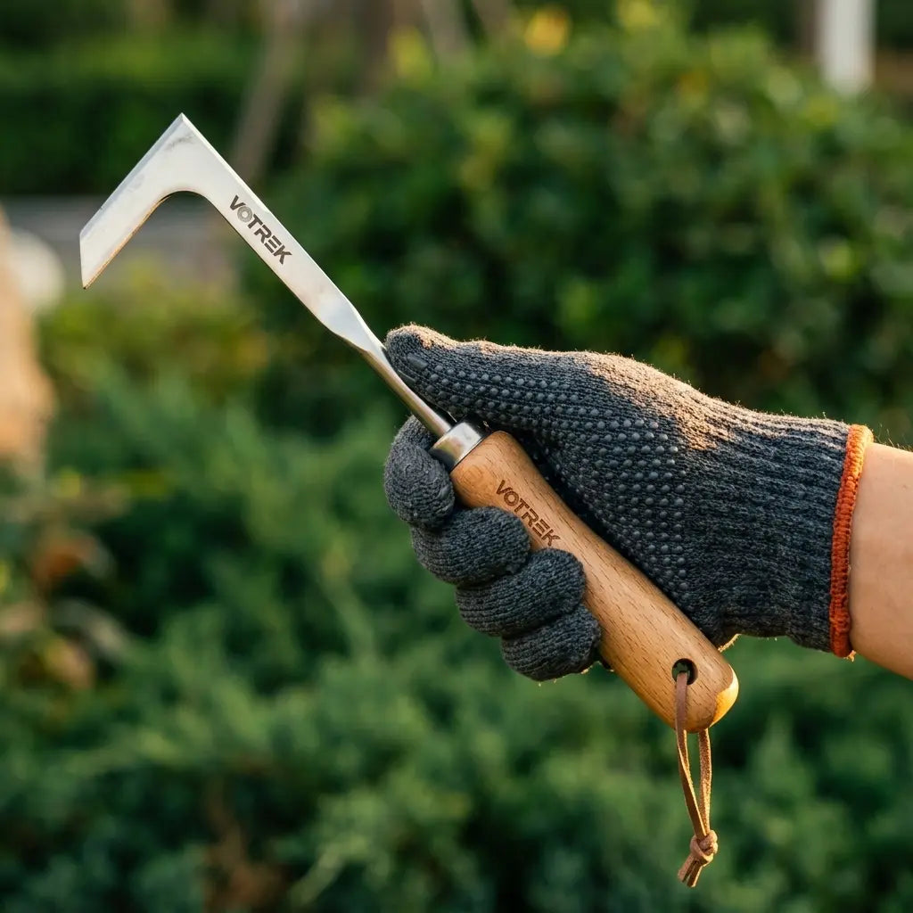 Ergonomic Wooden-Handled Stainless Steel Crevice Weeder for Driveway and Paver Gap Maintenance