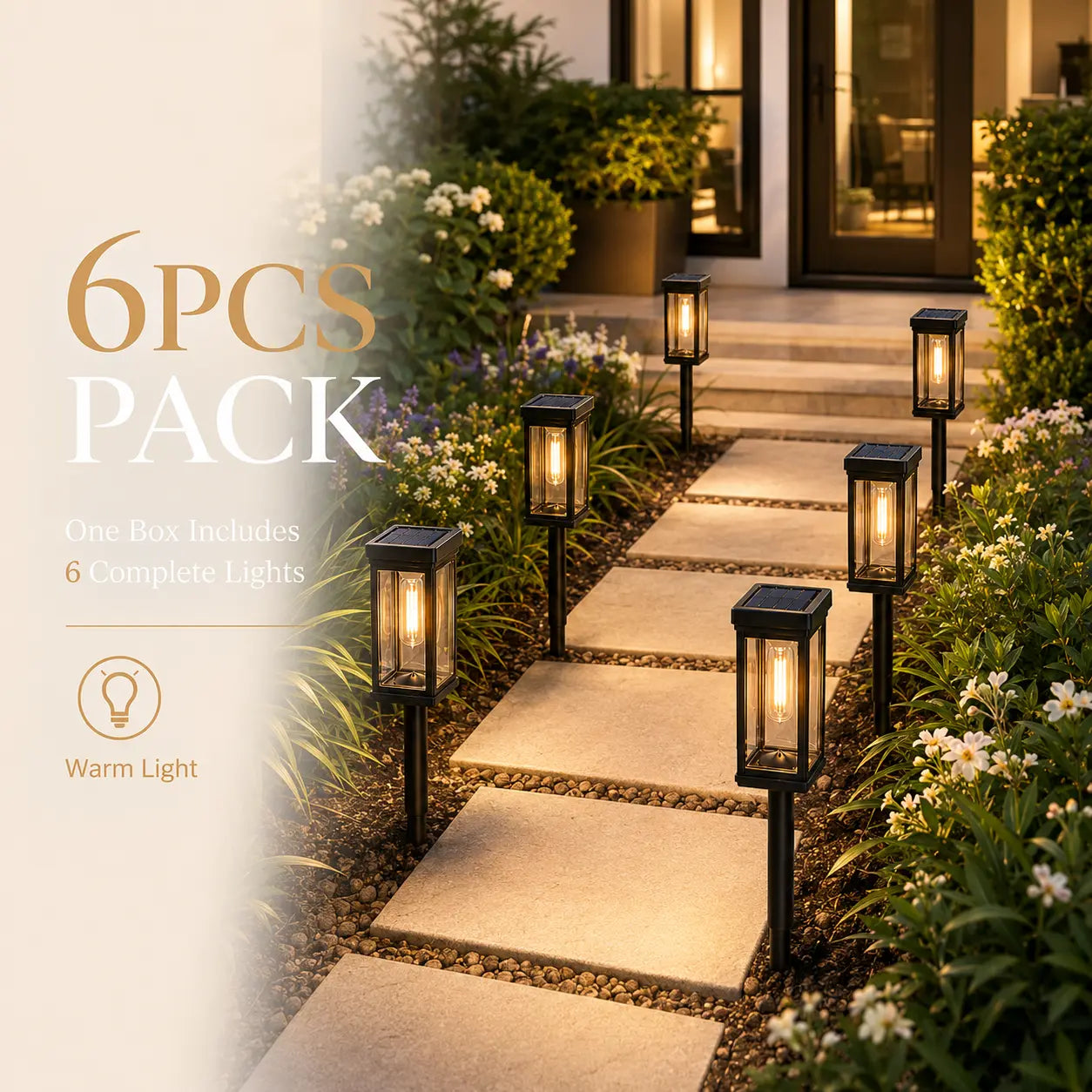 Solar Pathway Lights (6-Pack, Waterproof) - Warm White LED Stake Lights for Walkway, Yard & Driveway